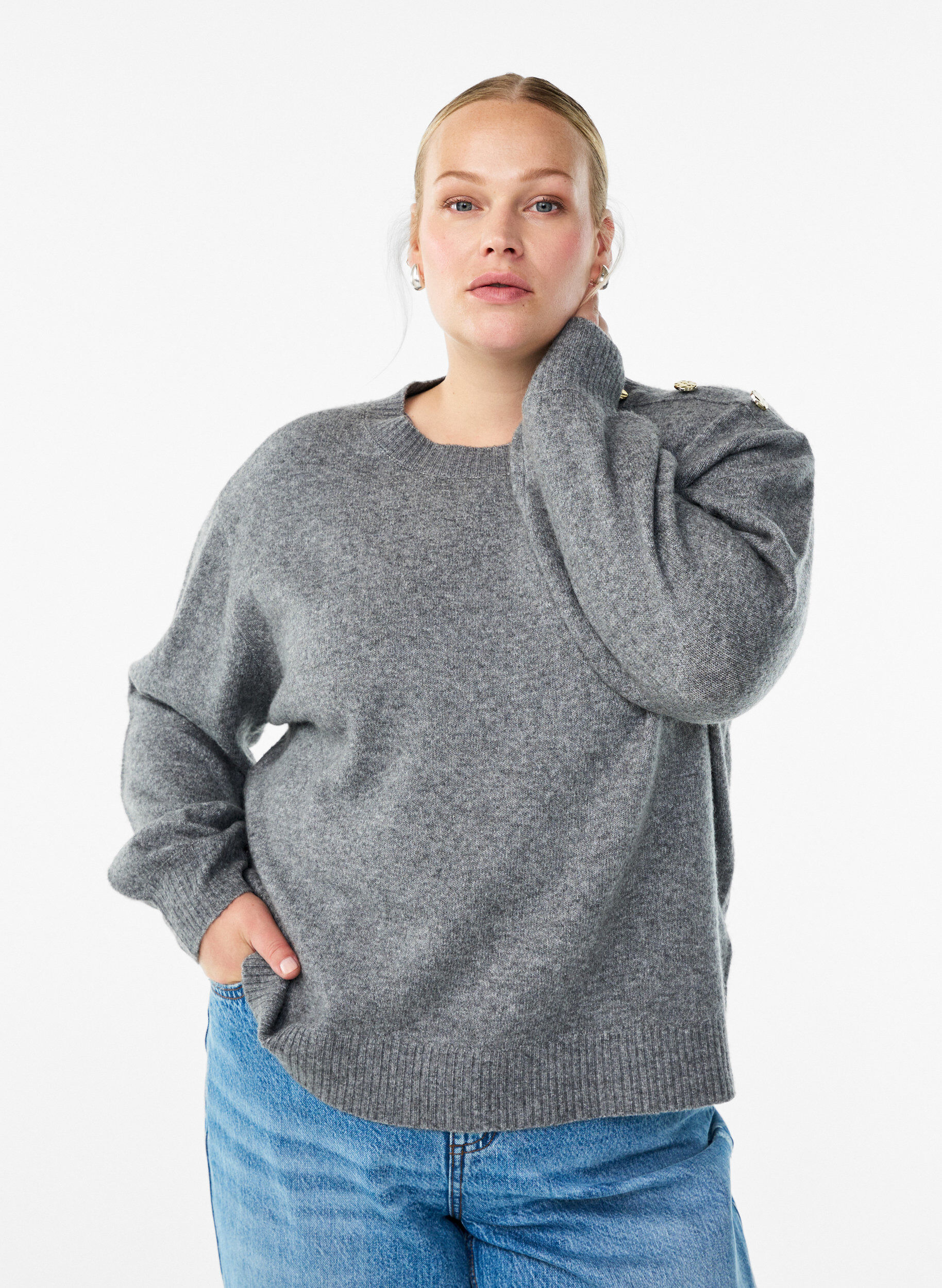ZizziBreisel blouse met knoopdetail, Grijs, Model image number 0