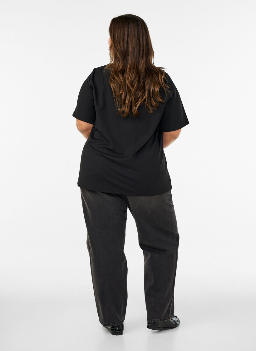 T-shirt met splitjes en decoratieve knoopsluitingen, Zwart, Model image number 2