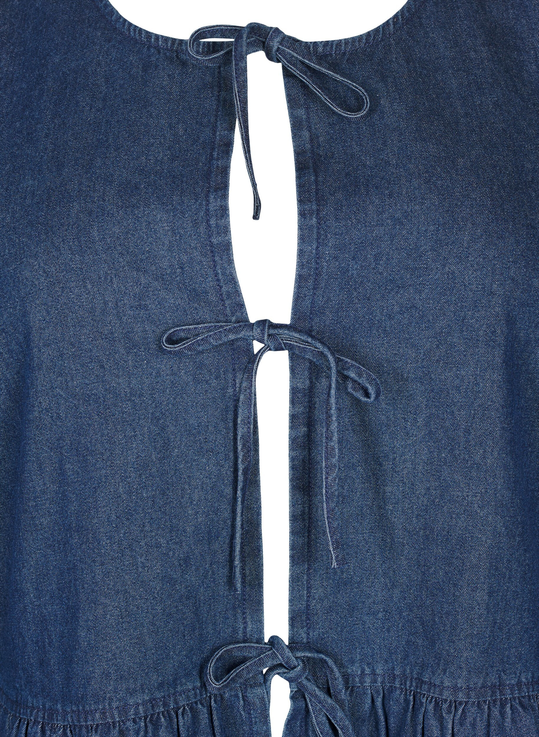Zizzi Peplum blouse van denim met striksluiting, Blauw, Packshot image number 2