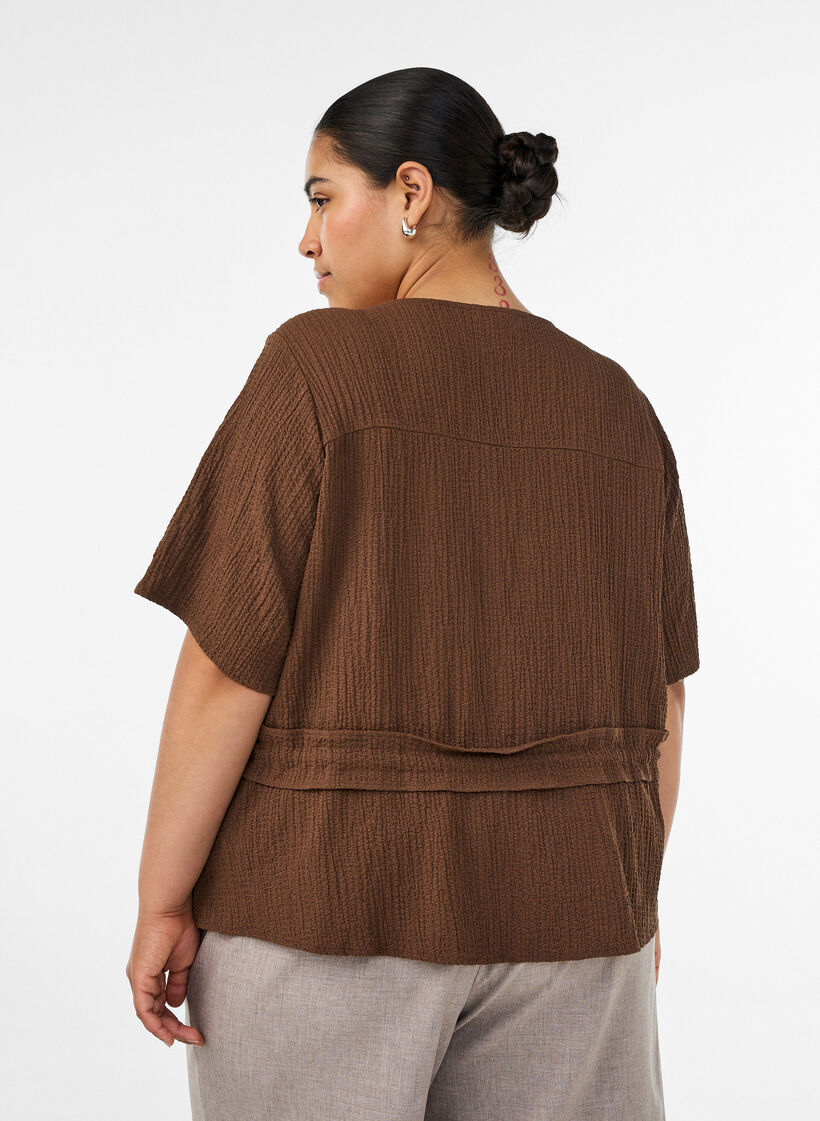 Blouse met textuur en een strik in de taille, Bruin, Model image number 2