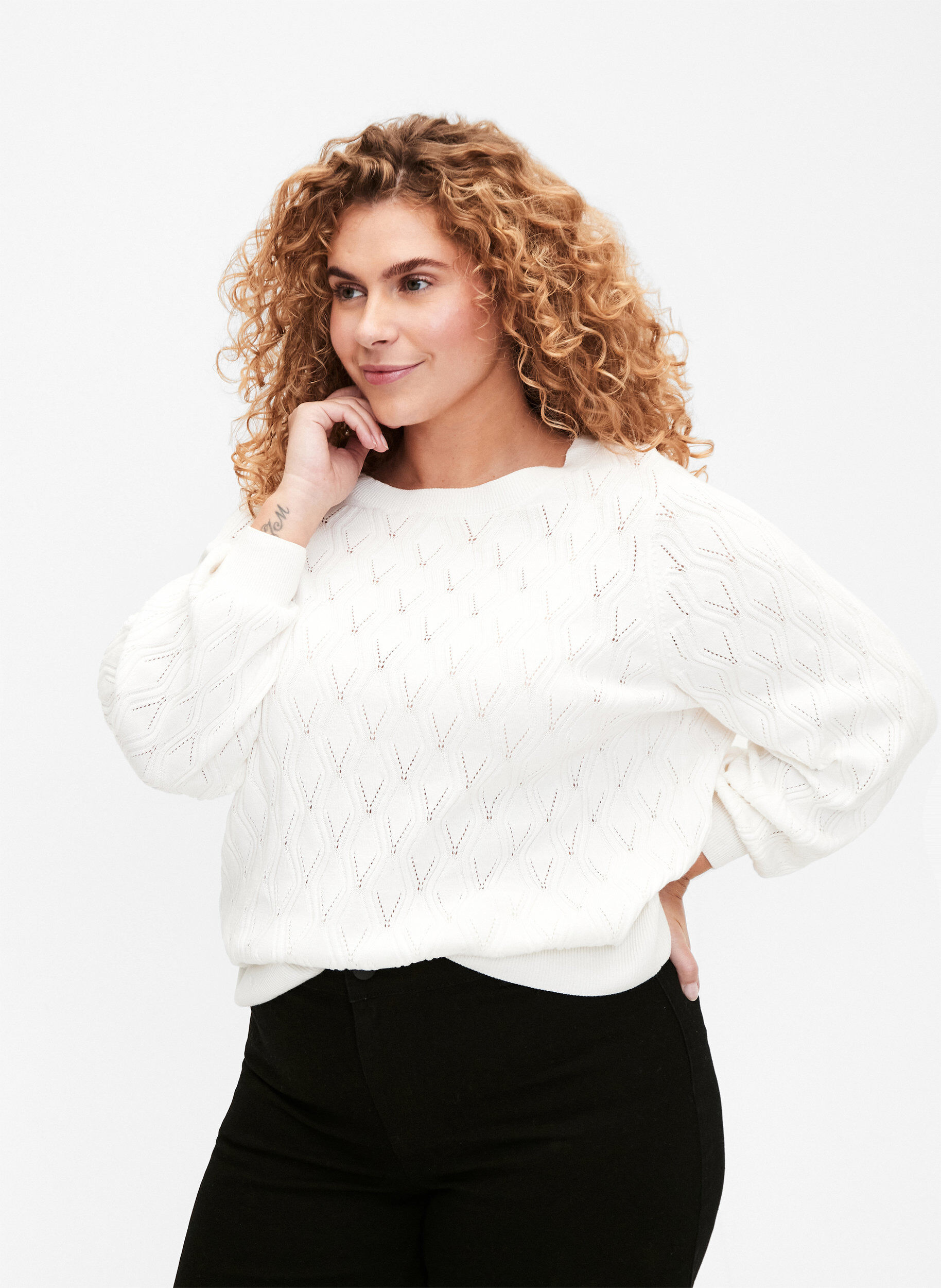 Zizzi Pullover met gatenpatroon en boothals	, Cloud Dancer, Model image number 0