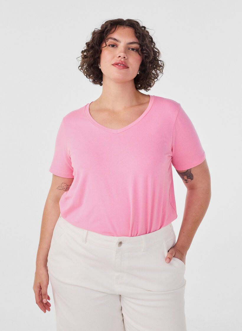 Basic t-shirt in effen kleur met katoen, Roze, Model image number 0