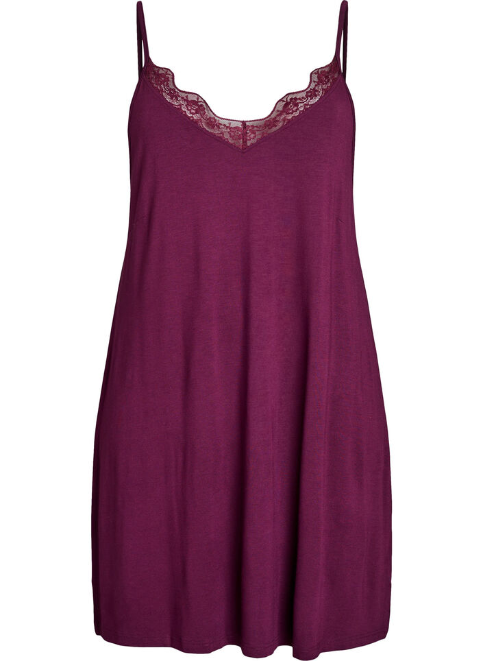 Nachtjapon van viscose met kanten randje, Donker Bordeaux, Packshot image number 0