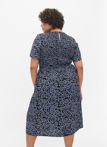 Viscose jurk met print en smokwerk, Blue Dot, Model image number 1