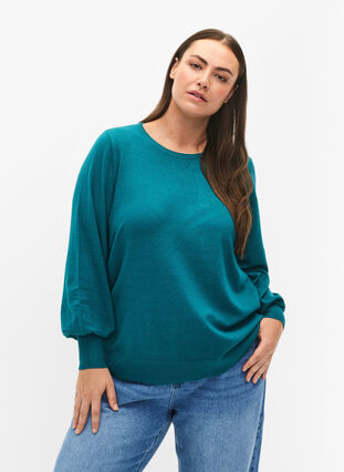 Gebreide blouse van viscose met ballonmouwen, Deep Lake Mel., Model image number 0