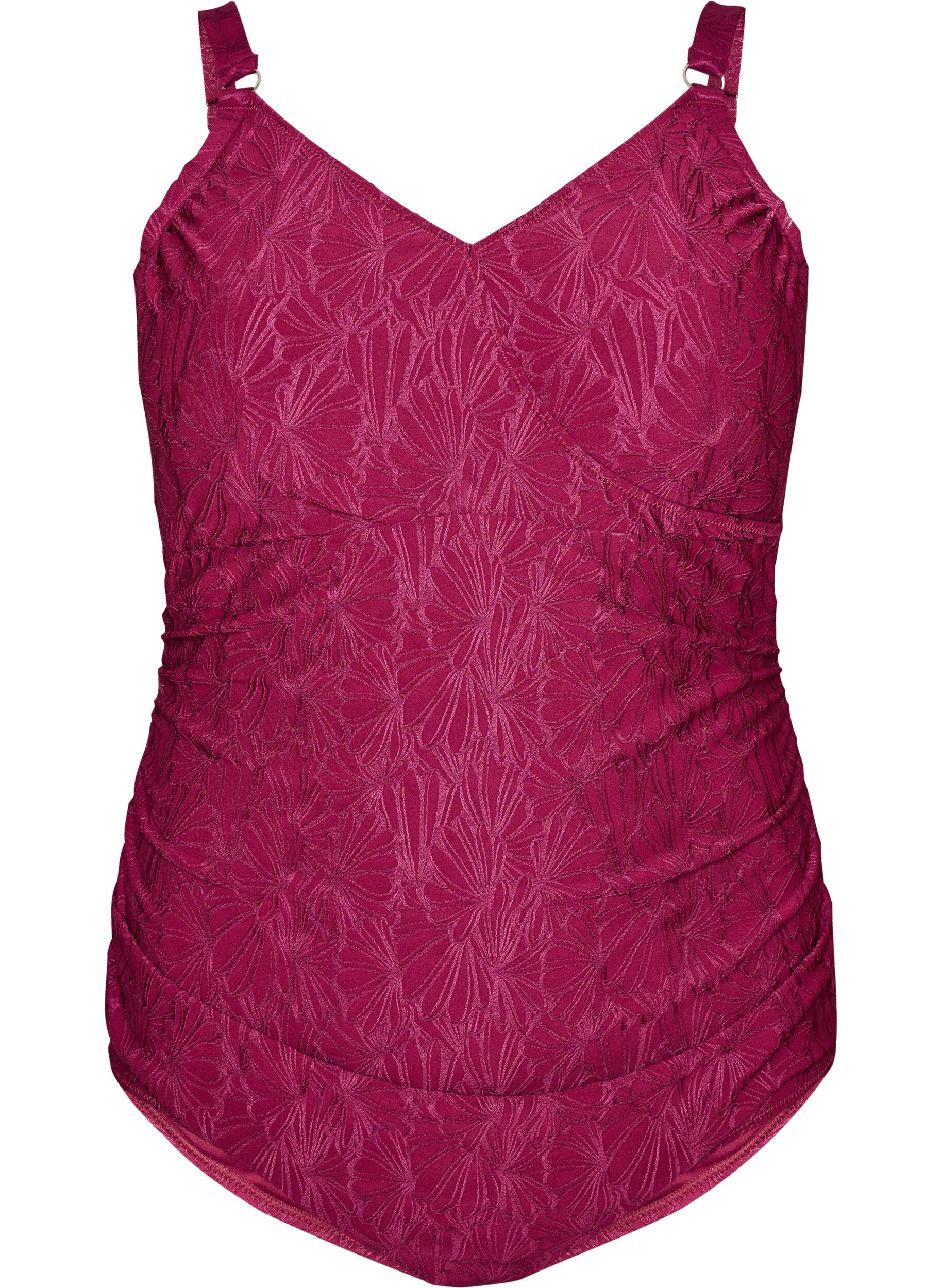 Zizzi Badpak met wikkeldetail en ton-sur-ton bloementextuur, Rood, Packshot image number 0