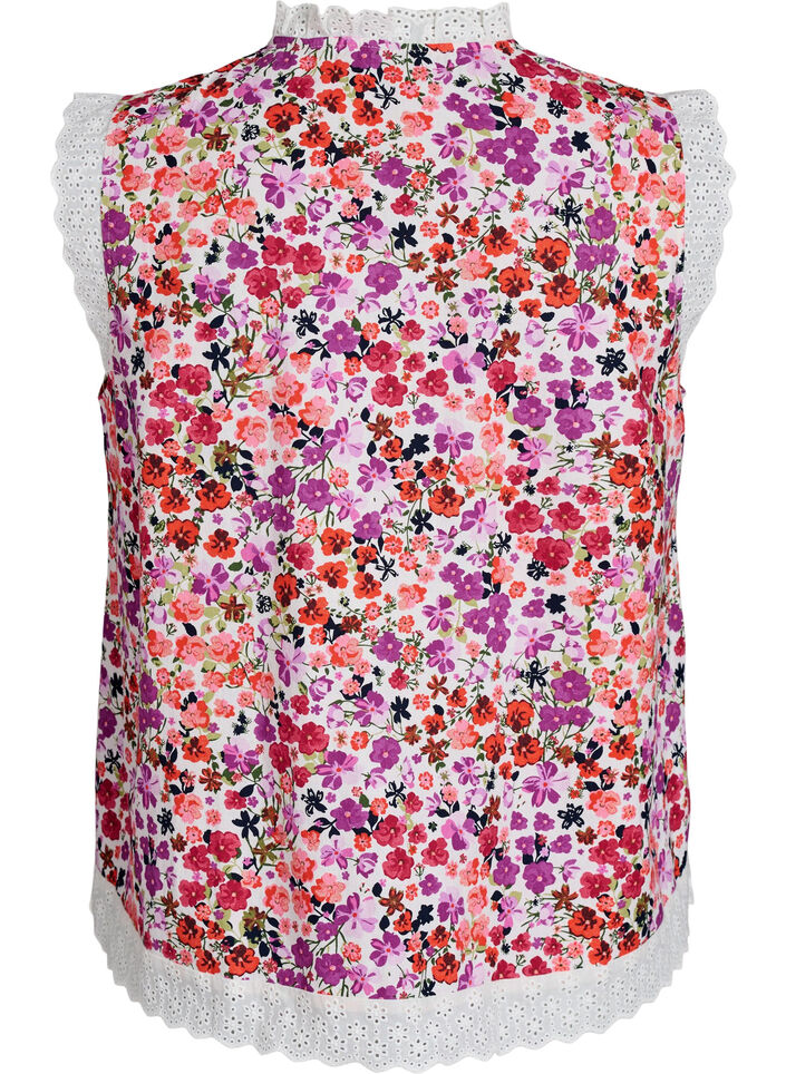 Mouwloze katoenen blouse met bloemenprint en broderie anglaise, Roze, Packshot image number 1