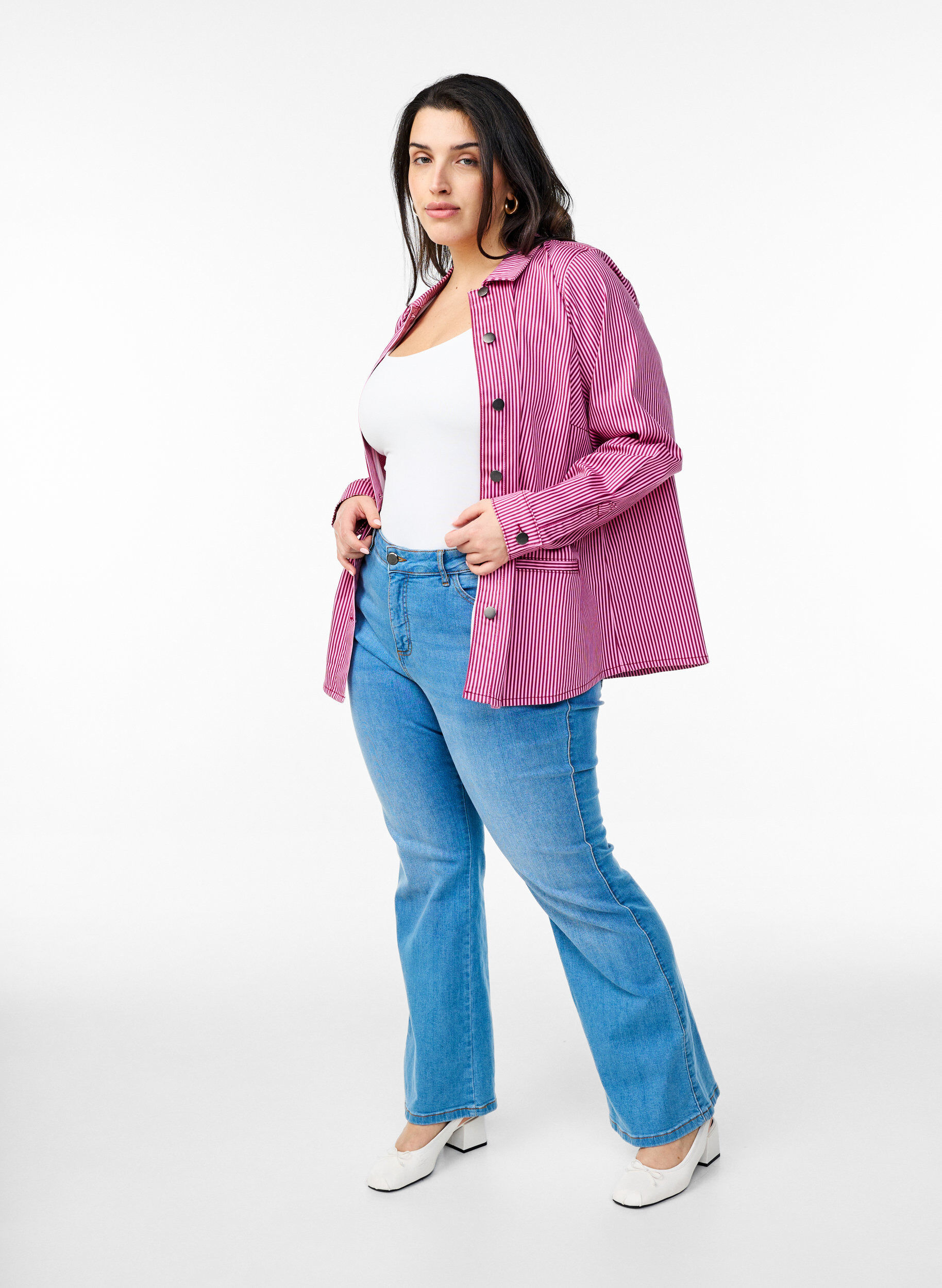 Zizzi Gestreept shirt met zakken, Rood, Model image number 1