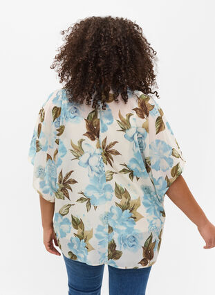 Bedrukte blouse met strikkoord en korte mouwen, Cloud Dancer Flower , Model image number 1
