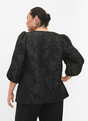 Jacquard blouse met 3/4 mouwen, Black, Model image number 1