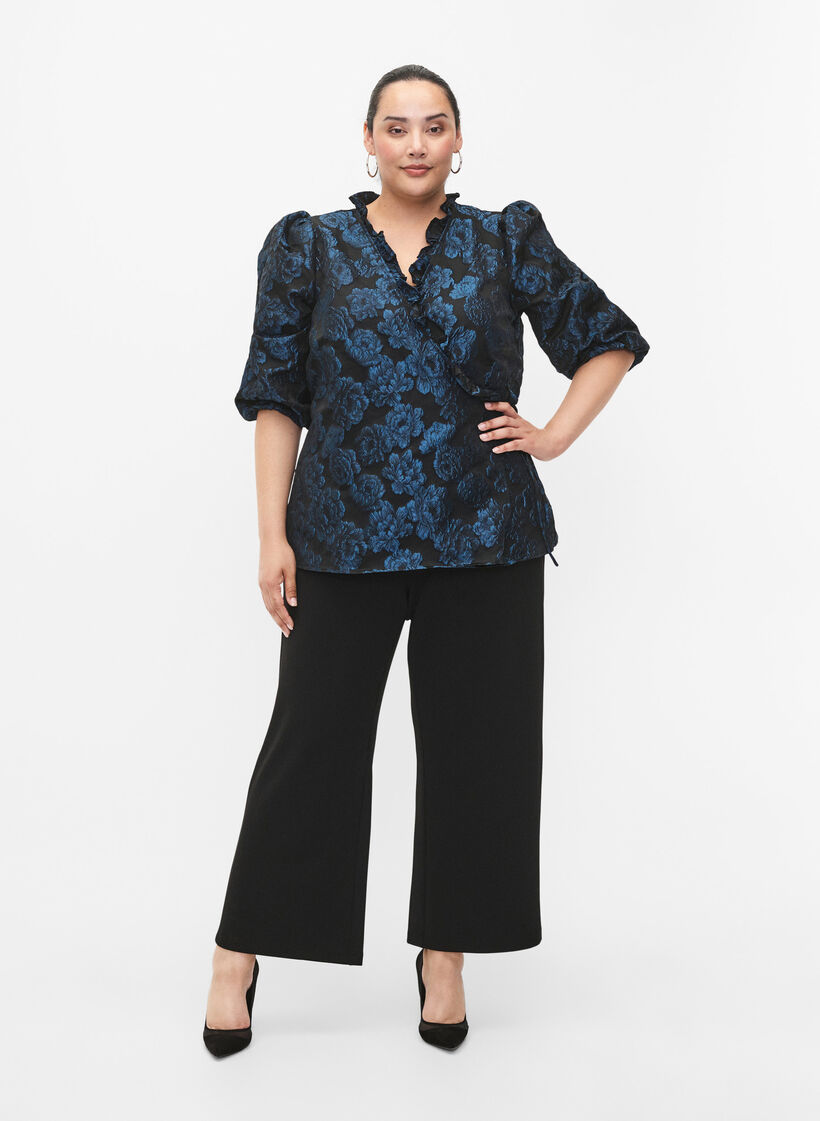 Jacquard wikkelblouse met 3/4 mouwen, Black Blue, Model image number 2