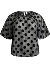 Partyblouse in organza-look met fluwelen stippen, Zwart