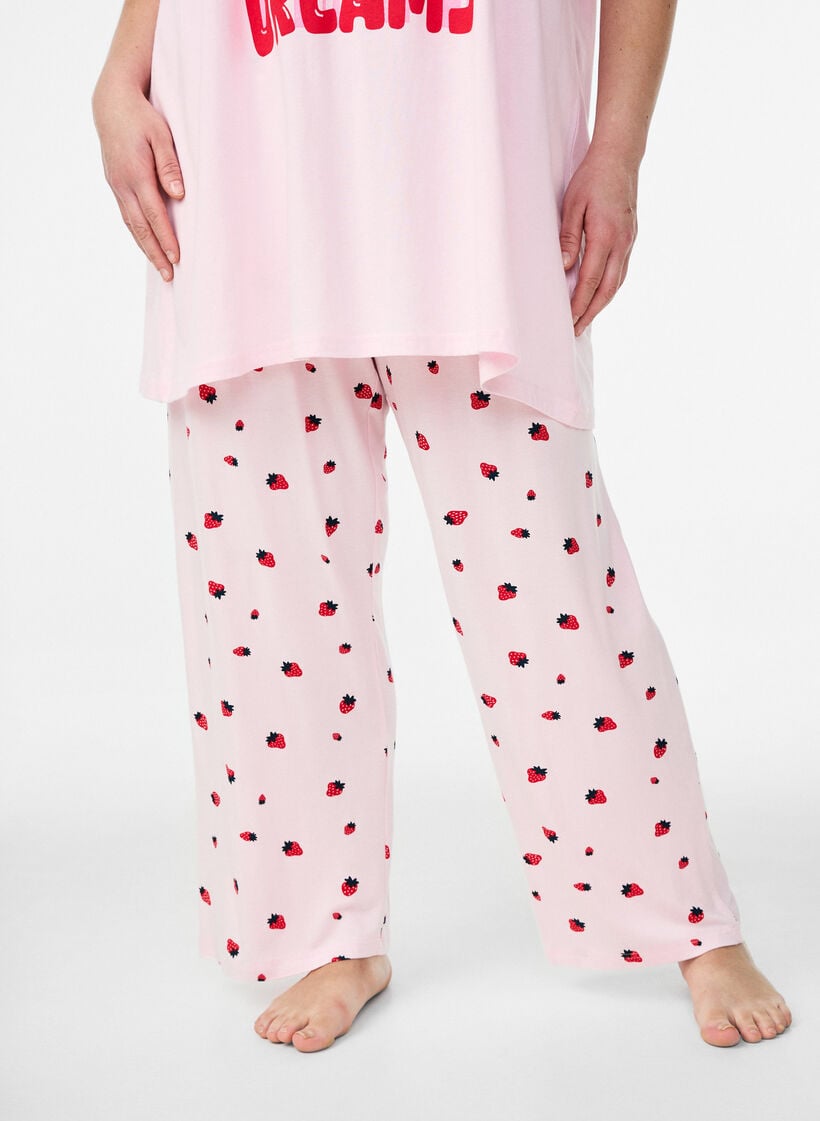 Pyjamabroek in zachte jersey met hoge taille en fruitprint, Roze, Model image number 2