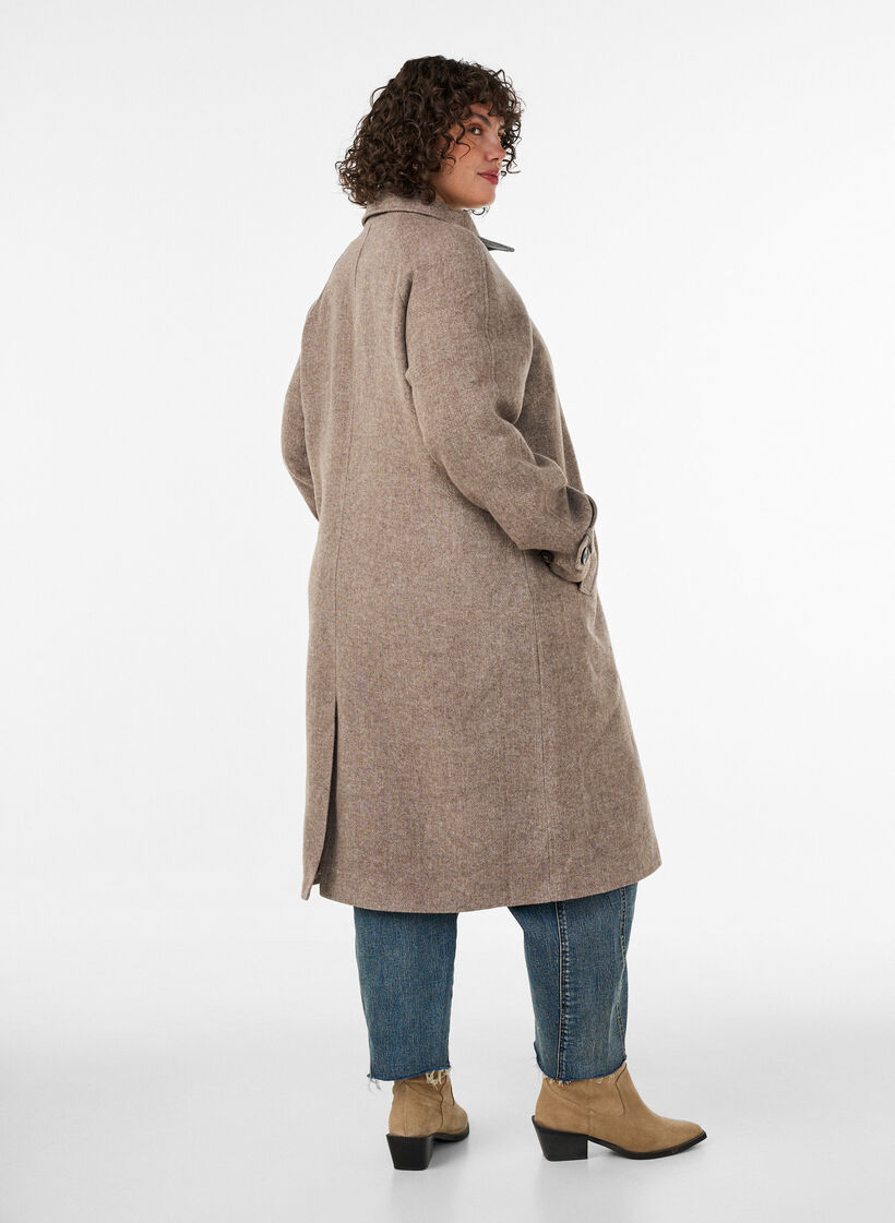 Lange wollen jas met hoge kraag en dubbelzijdig knoopontwerp, Bruin, Model image number 2