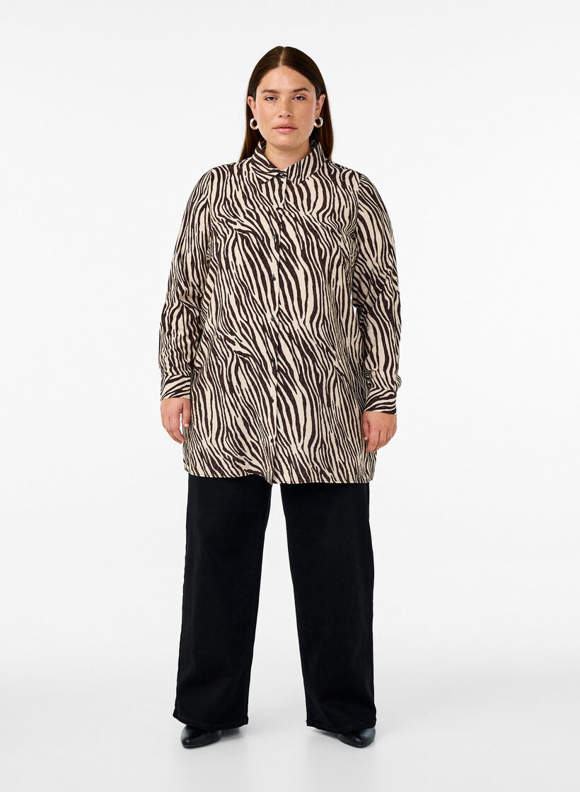 Lange blouse met zebraprint, Bruin, Model image number 1