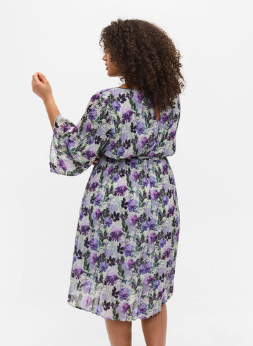 Bedrukte geplooide jurk met bindband, Purple Flower Mix, Model image number 1