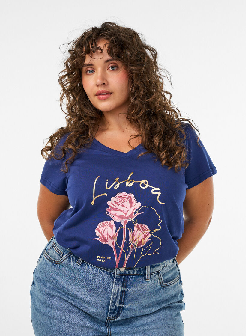 Katoenen T-shirt met V-hals en print aan de voorkant, Blauw, Model image number 0