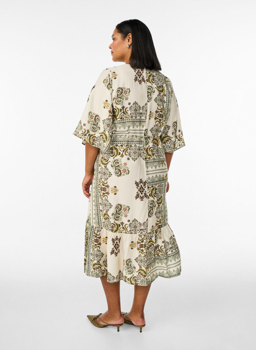 Gedessineerde midi jurk in viscose met strikceintuur, Groen, Model