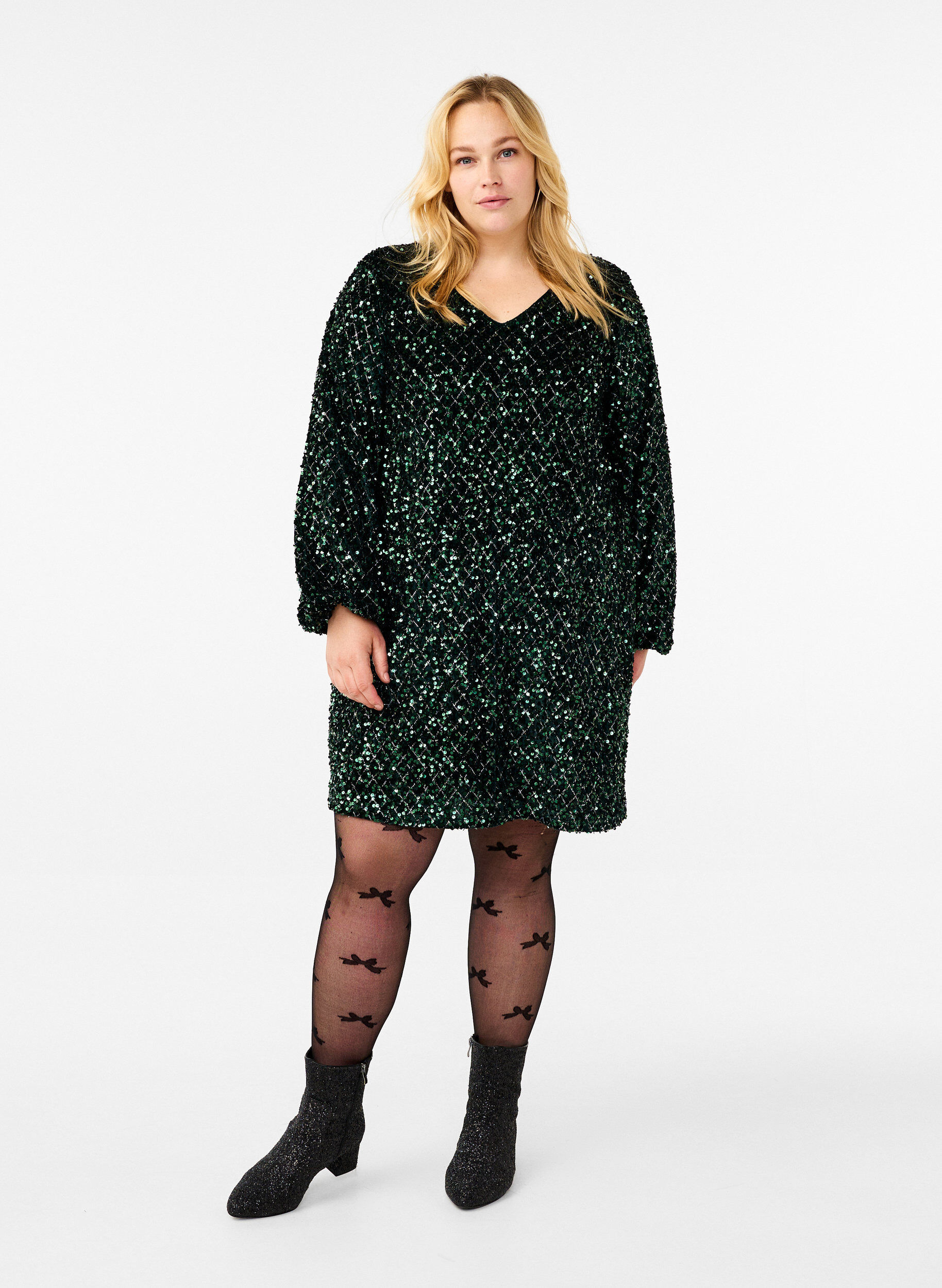 Zizzi Paillettenjurk met een V-hals en ruitjespatroon, Rain Forest Sequins, Model image number 0