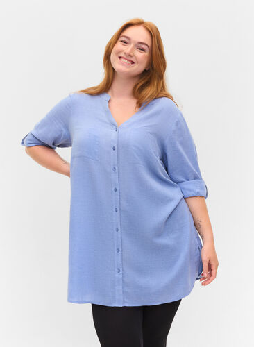 Lange blouse met 3/4 mouwen en v-hals, Ultramarine, Model image number 0