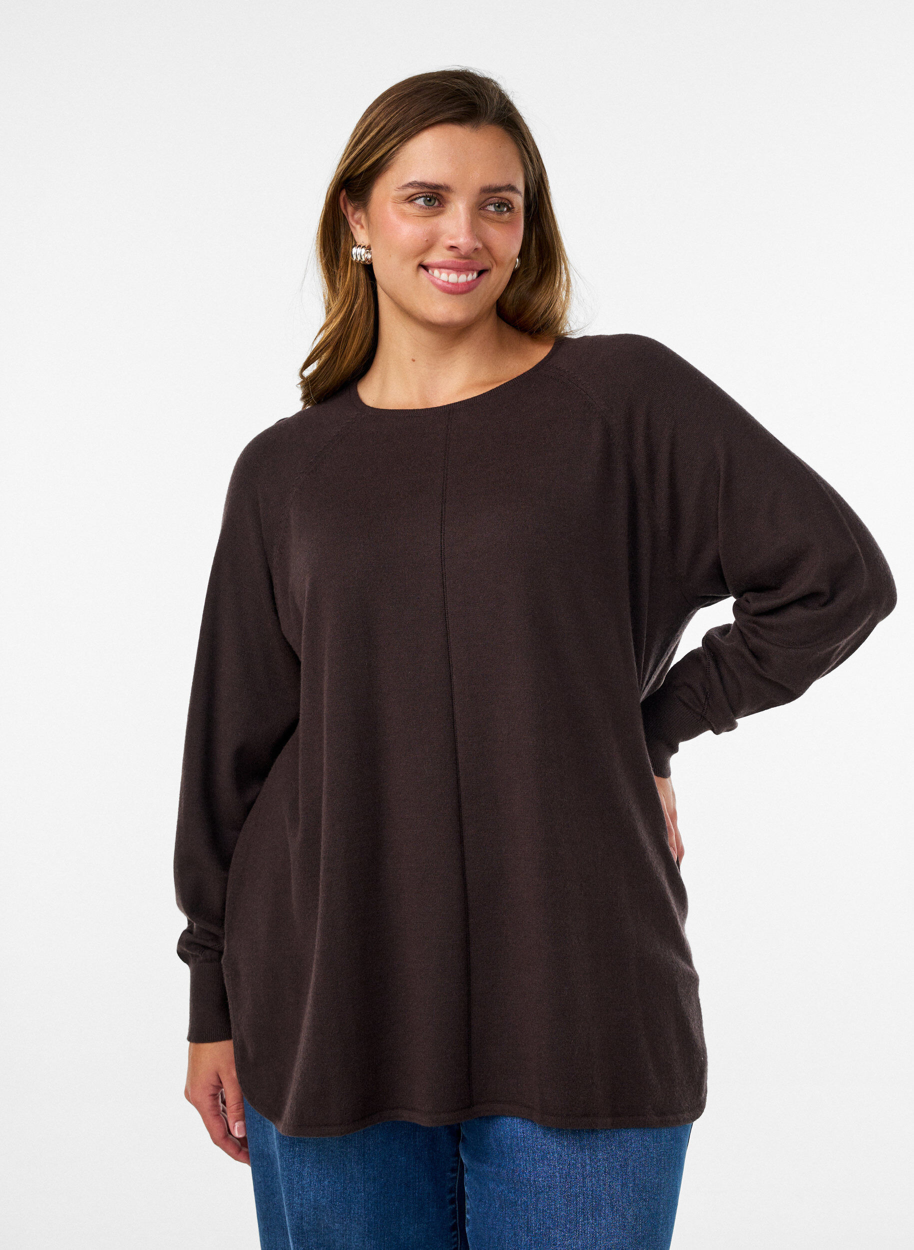 ZizziGebreide top met ronde hals en ingebreid patroon, Bruin, Model image number 0