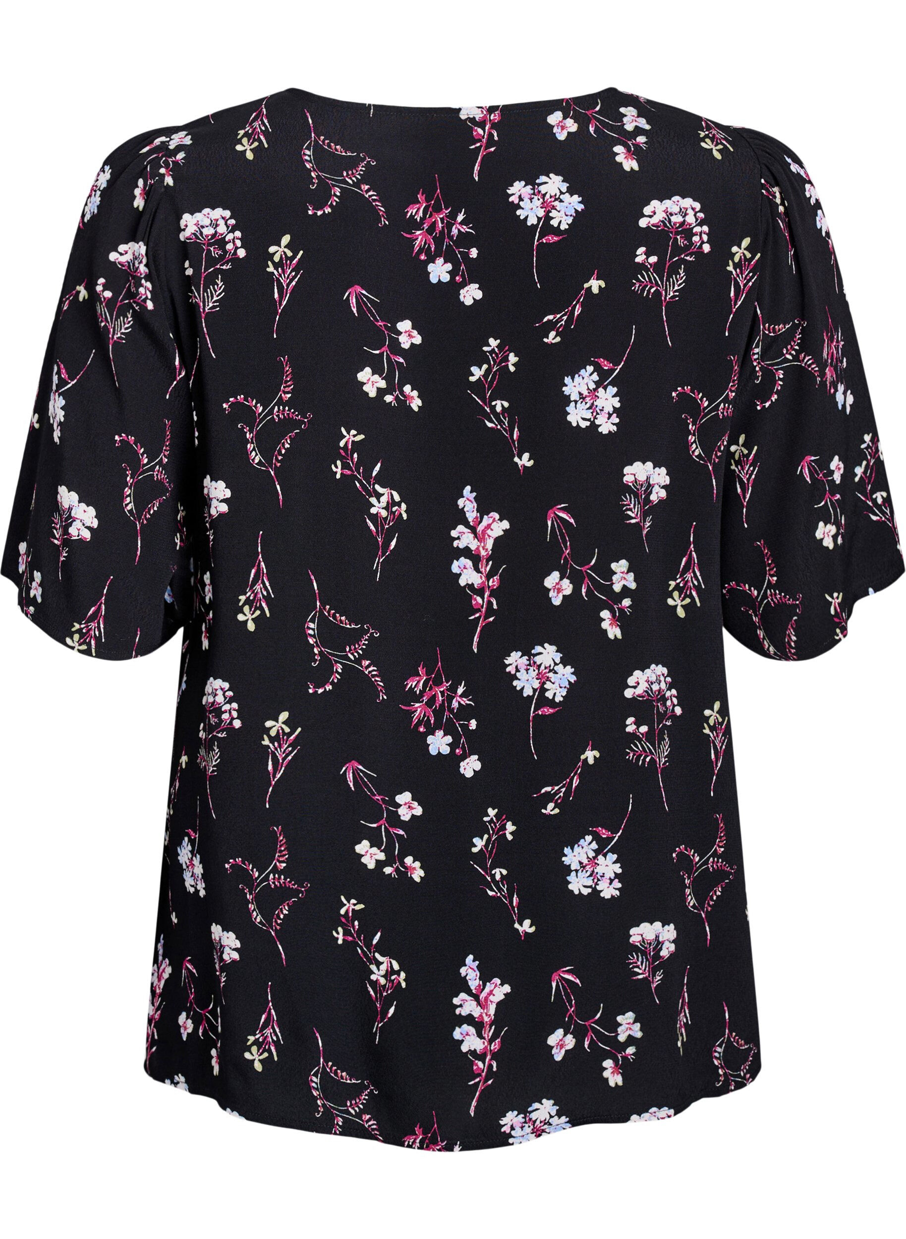 Zizzi Blouse met bloemmotief en korte mouwen, Zwart, Packshot image number 1