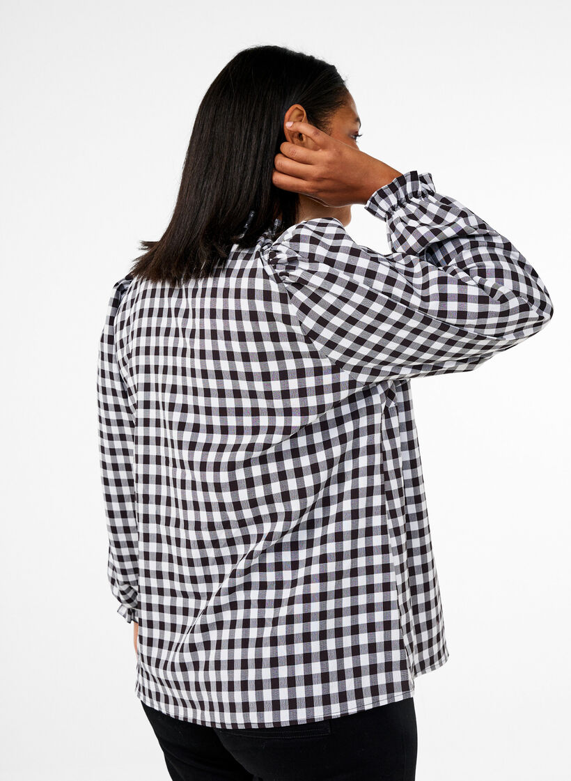 Geruite shirt blouse met ruchesdetails, Black/W. Gingham, Model image number 1