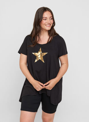 Katoenen t-shirt met korte mouwen en a-lijn, Black STAR, Model image number 0