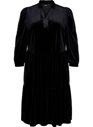 Velours jurk met ruche kraag en 3/4 mouwen, Black, Packshot image number 0