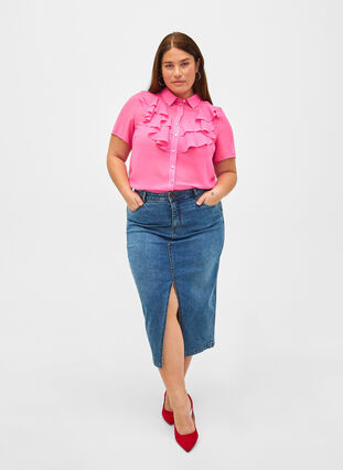 Overhemdblouse met korte mouwen en ruches, Pink Power, Model image number 2