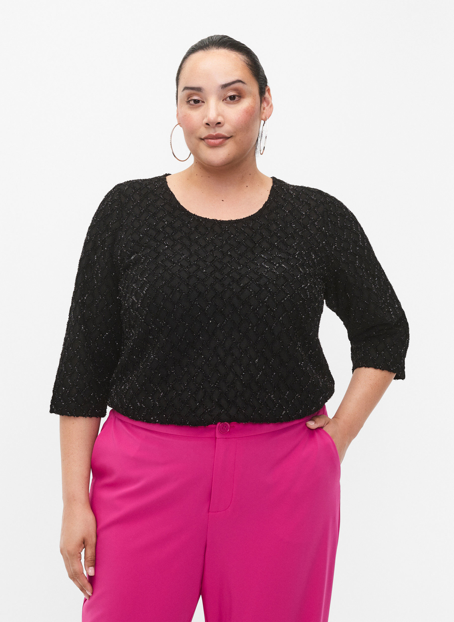 Zizzi Blouse met motief, 3/4 mouwen en glitter, Black, Model image number 0