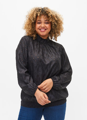 Gedessineerde blouse met lange mouwen en smok, Black, Model image number 0