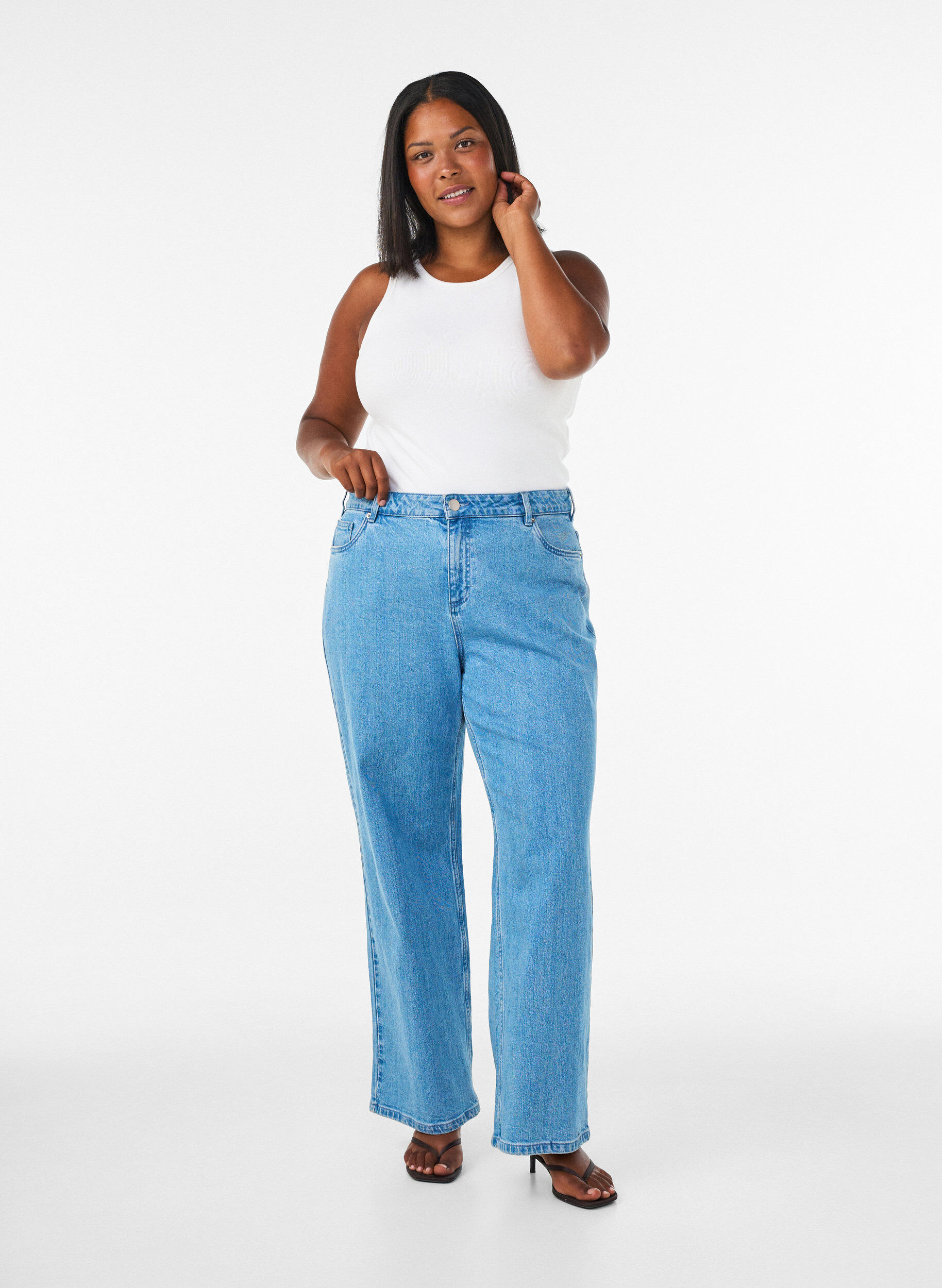 Wide-leg jeans met hoge taille, Blauw, Model