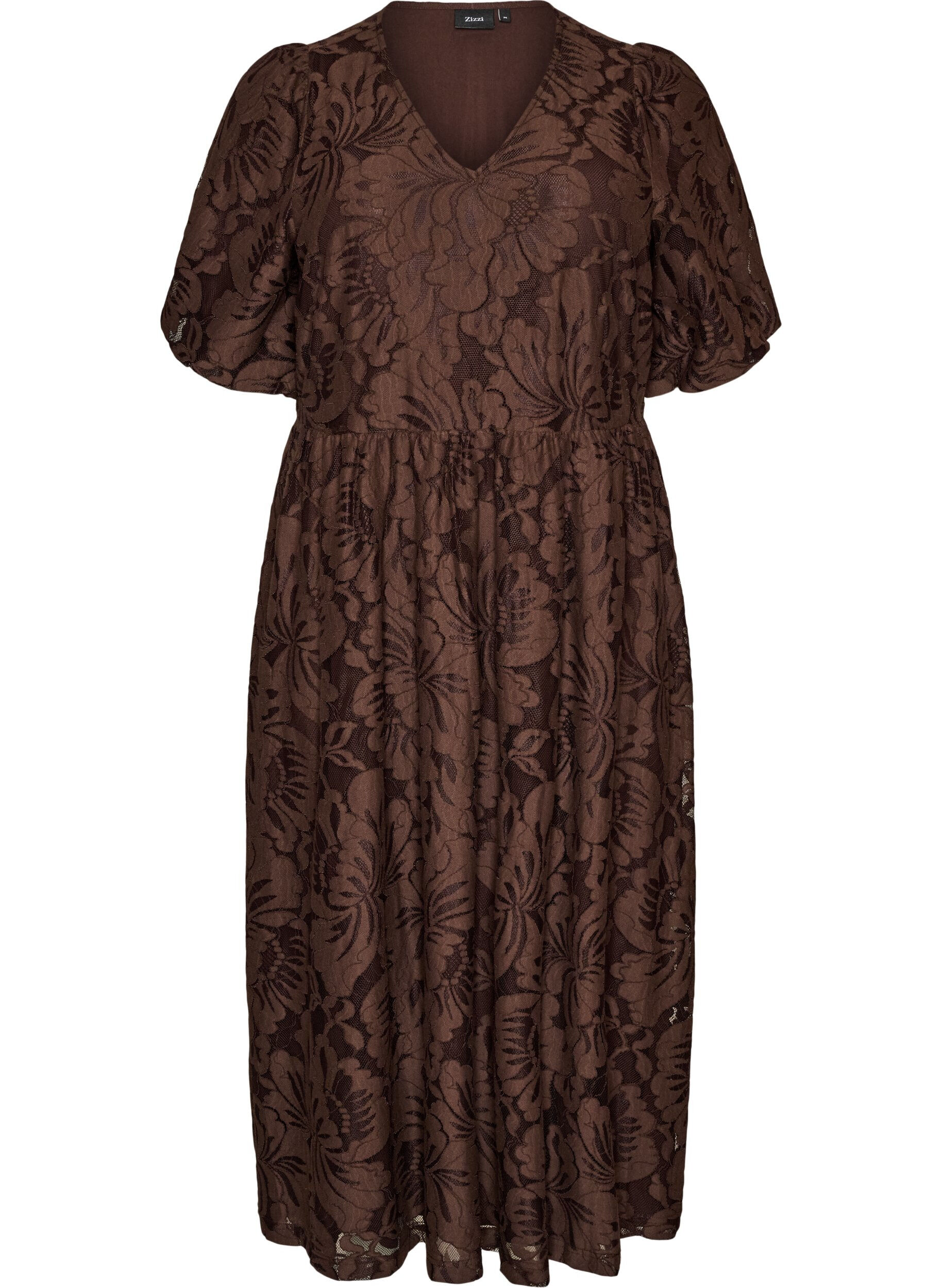 ZizziMidi-jurk met bloemenjacquard, Bruin, Packshot image number 0
