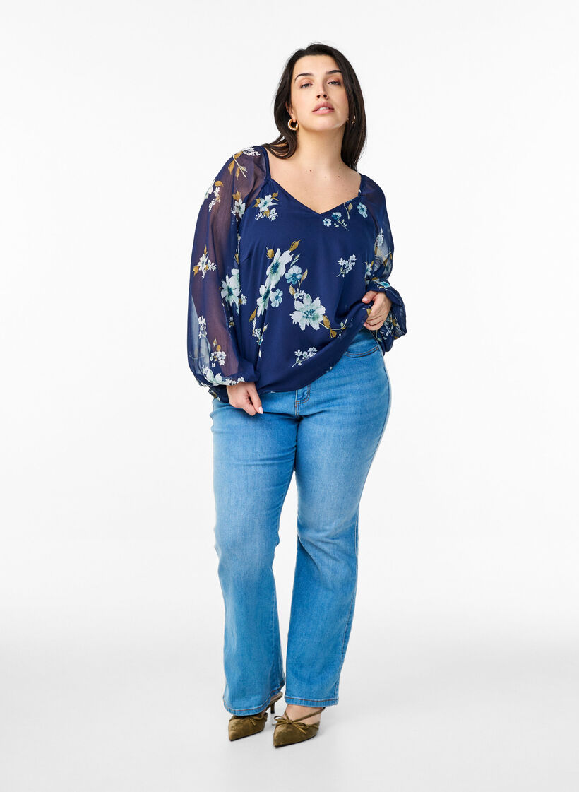 Chiffon blouse met bloemenprint en lange mouwen, Blauw, Model image number 1