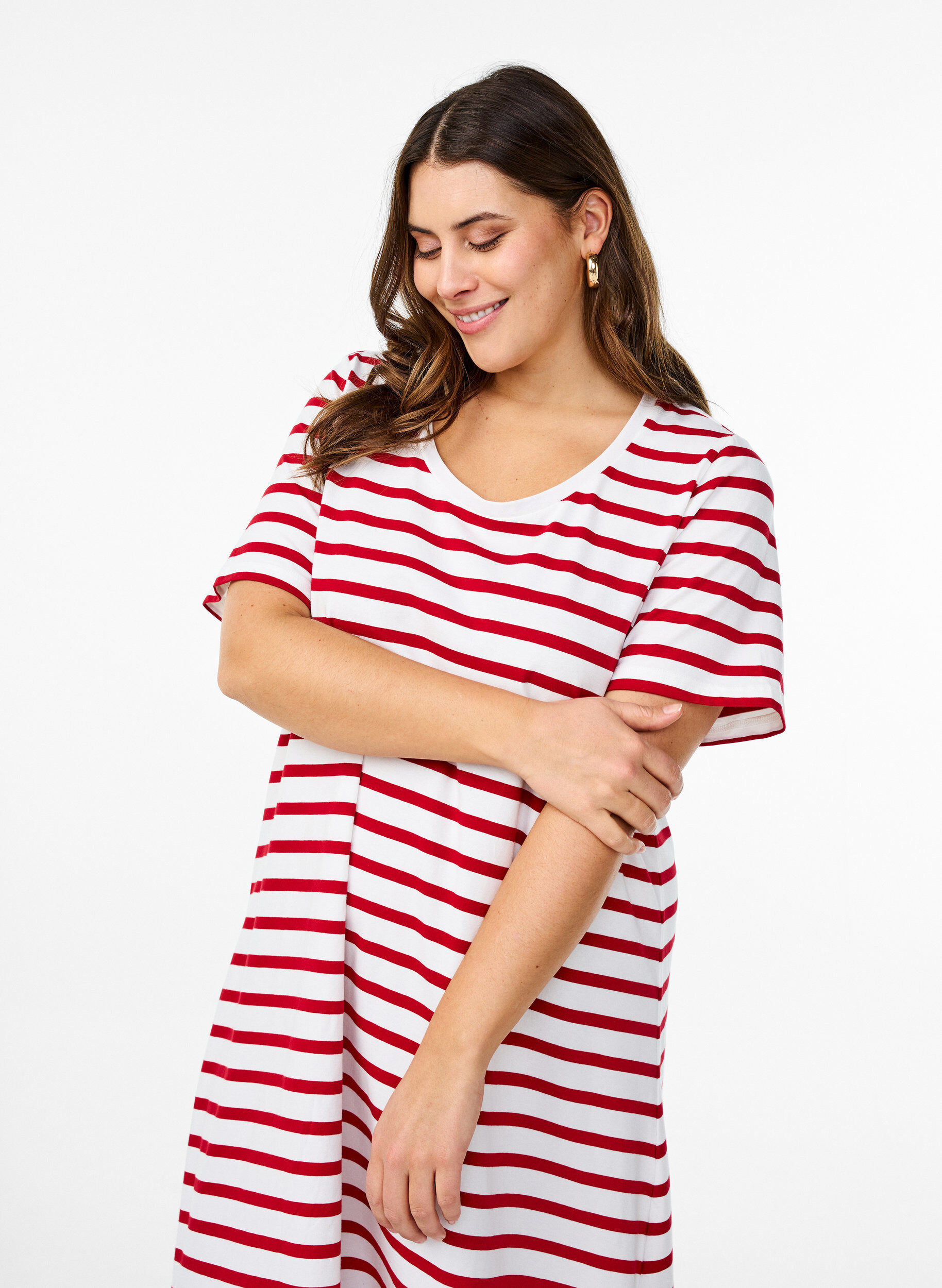 Zizzi Gestreepte jersey jurk met korte mouwen, Rood, Model image number 2