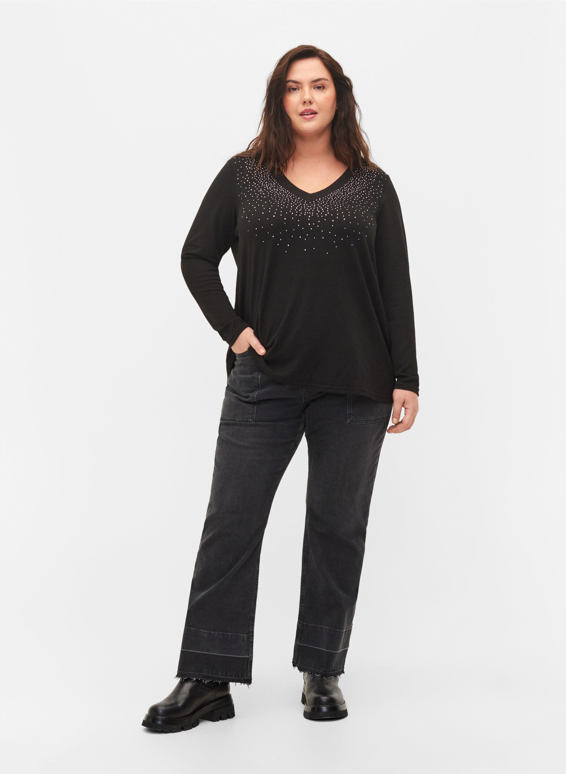 Zizzi Blouse met similisteen en lange mouwen, Black, Model image number 2