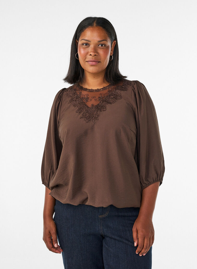 Blouse met 3/4 mouwen en kantdetails, Bruin, Model image number 0