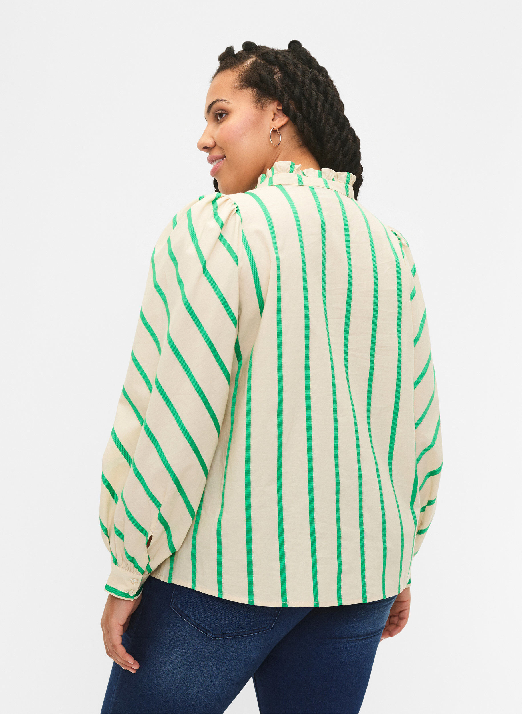 Zizzi Katoenen overhemdblouse met strepen en kraag met ruches, Beige Green Stripe, Model image number 1