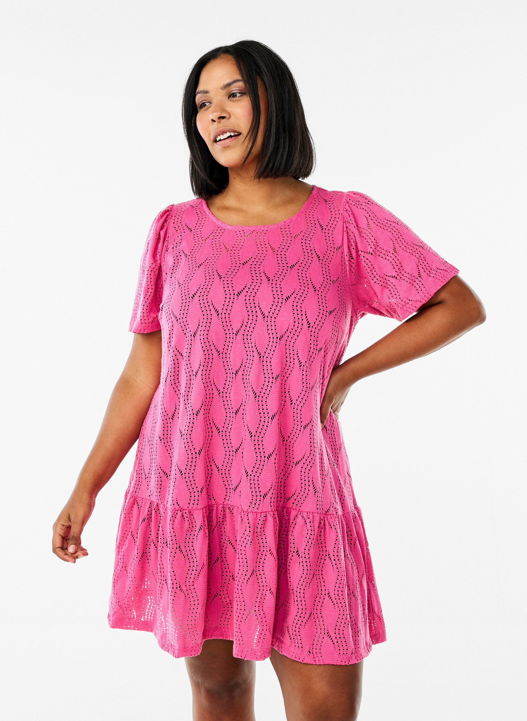 Zizzi FLASH - Korte jersey jurk met oogjespatroon, Ibis Rose, Model image number 0