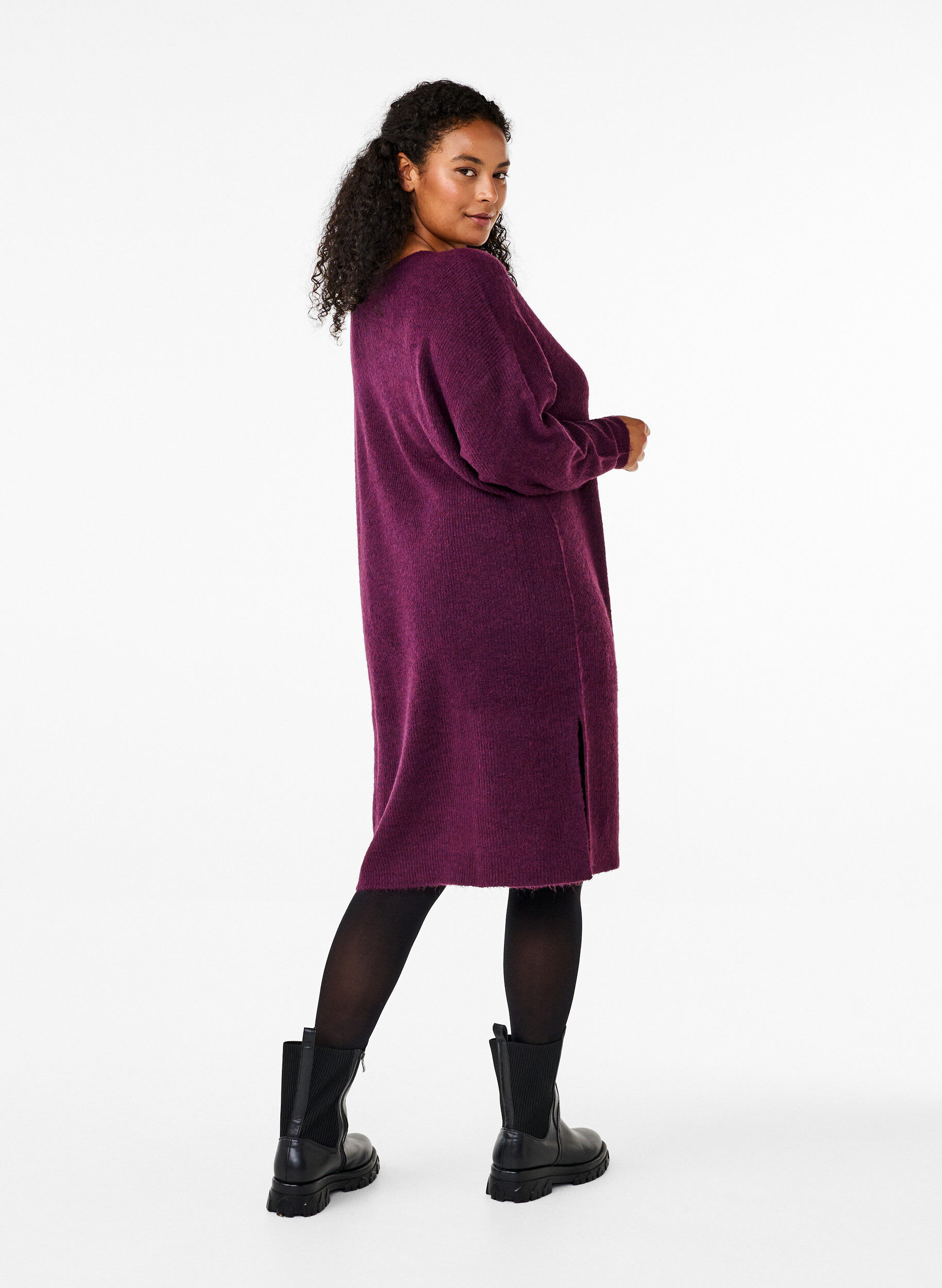 Zizzi Gebreide jurk met lange mouwen, Potent Purple Mel., Model image number 1