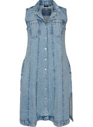 Mouwloze denimjurk met knoopsluiting en splitten, Blauw
