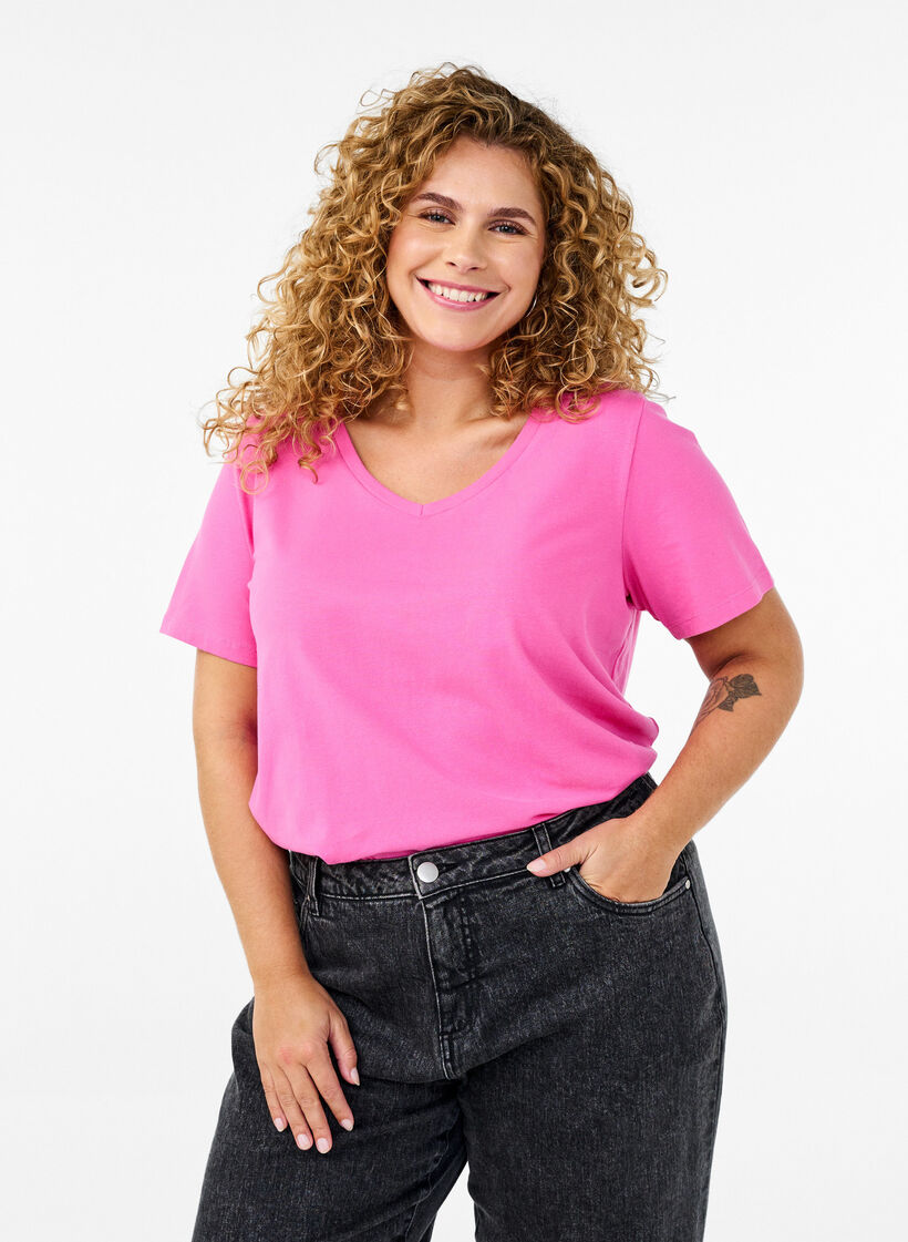 Effen basic T-shirt van katoen, Roze, Model image number 0
