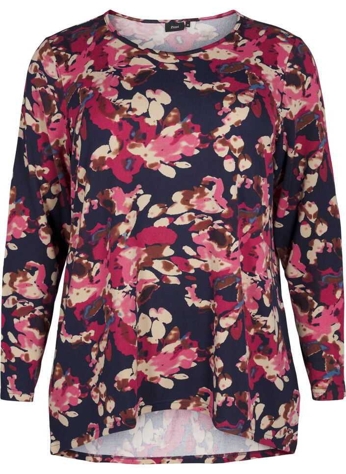 Gebloemde blouse met lange mouwen, Blauw, Packshot image number 0