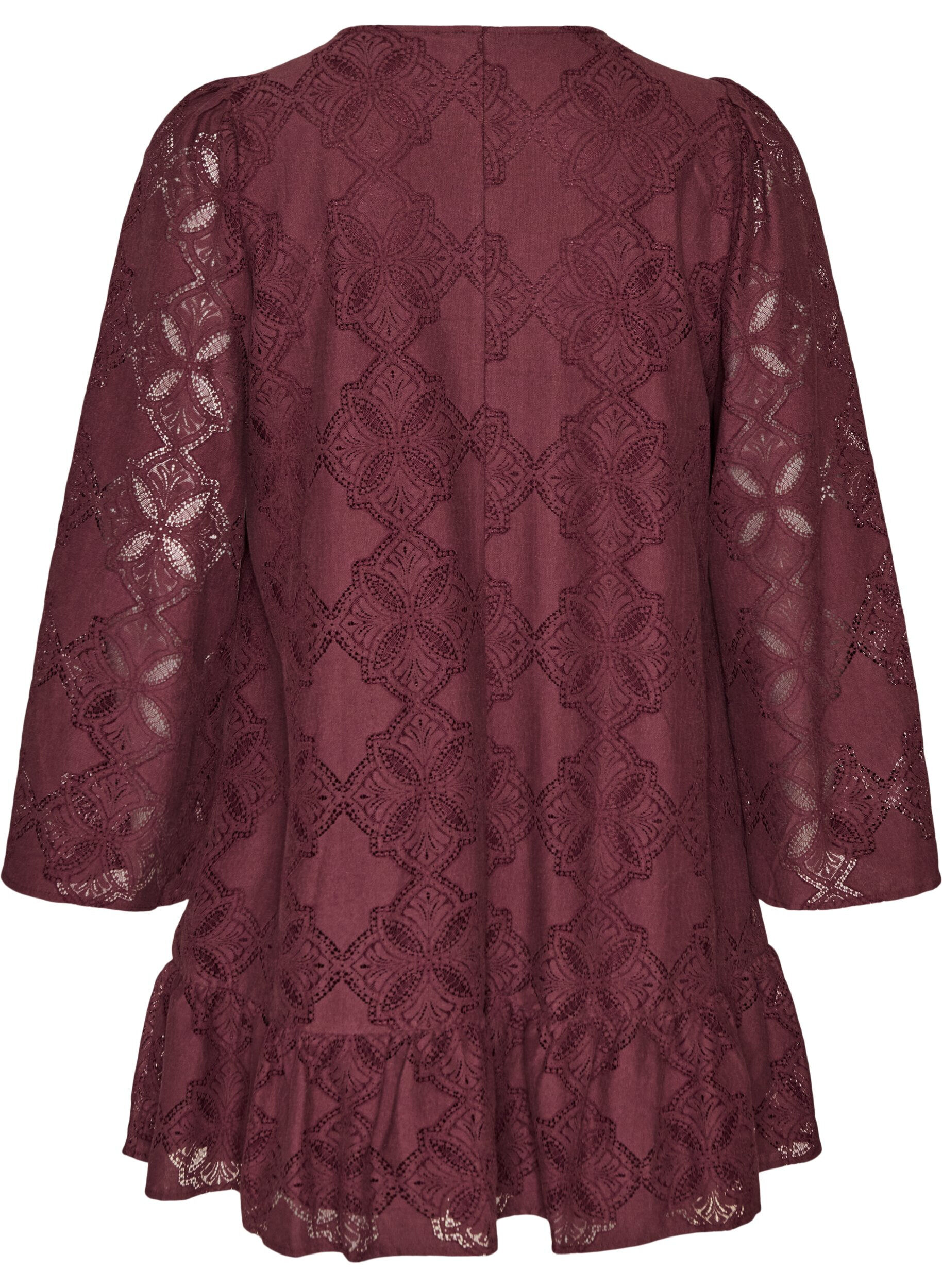 ZizziKanten jurk met lange mouwen en ruchezoom, Donker Bordeaux, Packshot image number 1