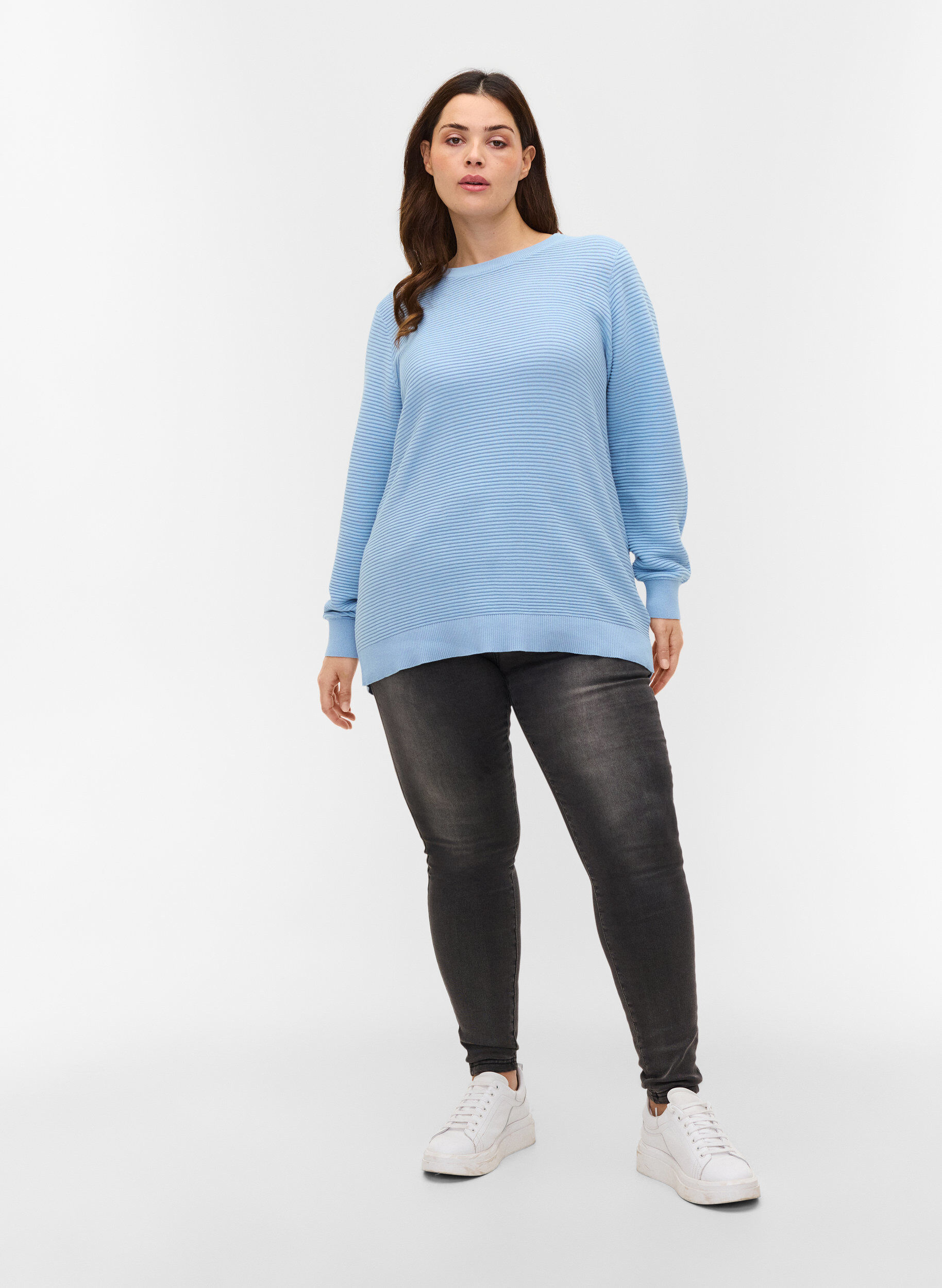 Zizzi Gebreide blouse met lange mouwen van biologisch katoen, Chambray Blue, Model image number 2
