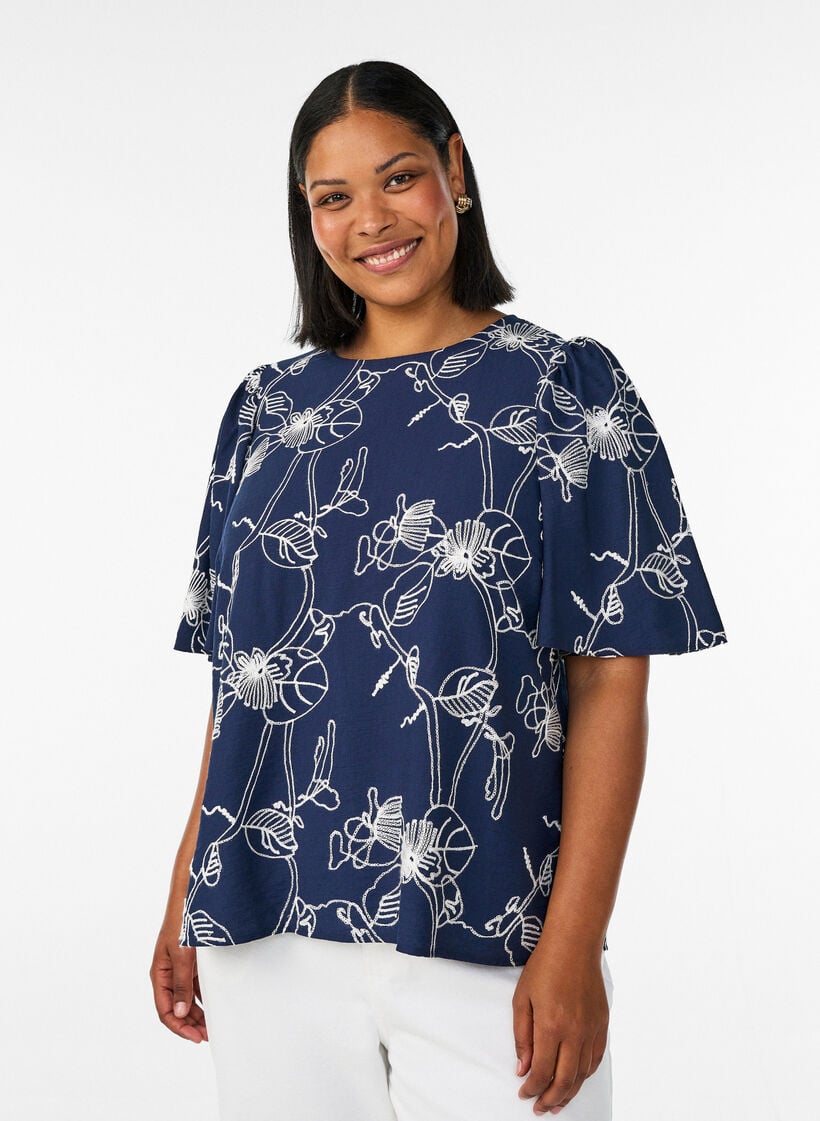 Blouse met korte mouwen en geborduurd patroon, Blauw, Model image number 0