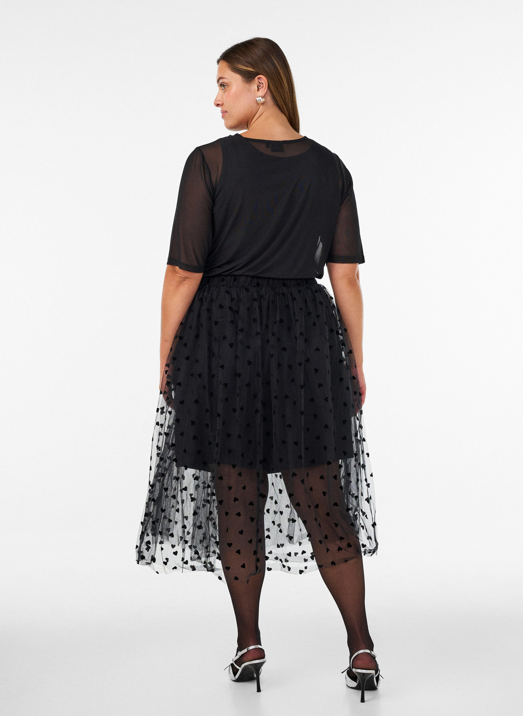 ZizziMidi-tule rok met hartjes, Zwart, Model image number 2