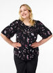 Blouse met bloemmotief en korte mouwen, Zwart, Model image number 0