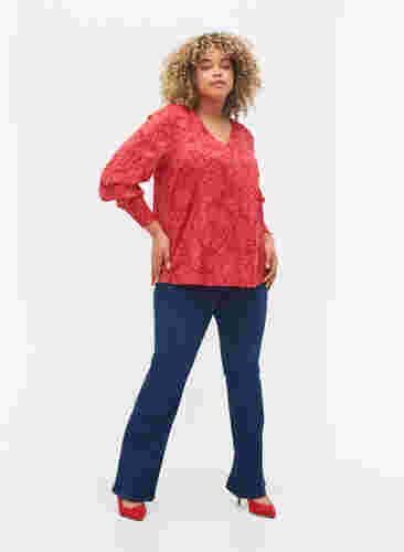 V-hals blouse met smock, Ribbon Red AOP, Model image number 2